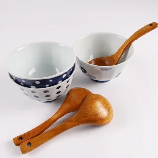 【西海陶器】西海輕量波佐見燒3入碗公組+3入木湯杓-藍丸紋(輕量瓷餐盤)