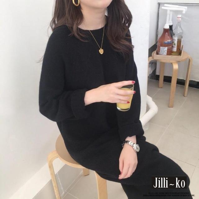 【JILLI-KO】寬鬆圓領過膝連衣長裙-F(黑)