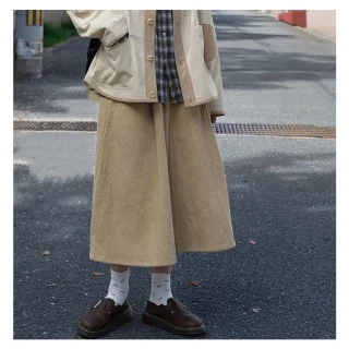 【JILLI-KO】日系口袋文藝復古燈芯絨寬鬆大襬A字裙中大尺碼-F(卡)