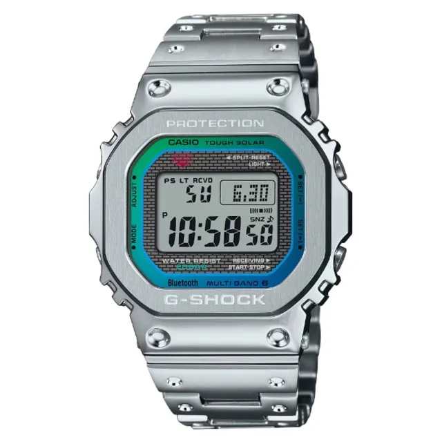 CASIO 卡西歐】G-SHOCK 彩虹光譜太陽能智慧藍芽全金屬方形電子錶-銀