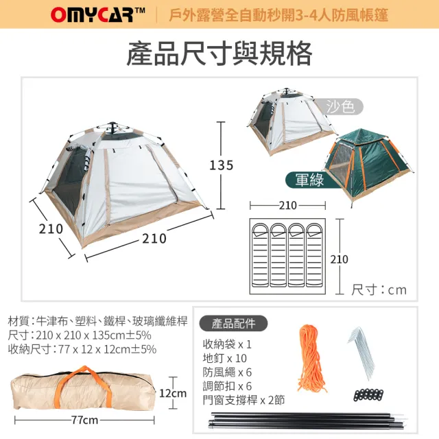 【OMyCar】戶外露營全自動秒開帳 軍綠色-快(露營 帳篷 野餐)