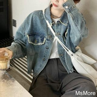 【MsMore】美式毛邊短款牛仔長袖外套港風復古chic短版外套#118835(深藍)