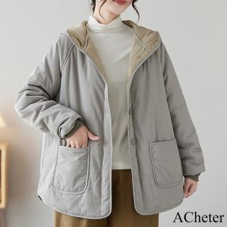 【ACheter】復古工裝潮牌灰色連帽潮流羽絨棉保暖棉襖長袖中長版外套#119967(灰)