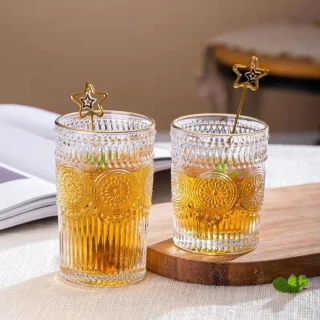 【渥思】復古浮雕金邊玻璃杯-380ml(咖啡杯.茶杯.水杯)