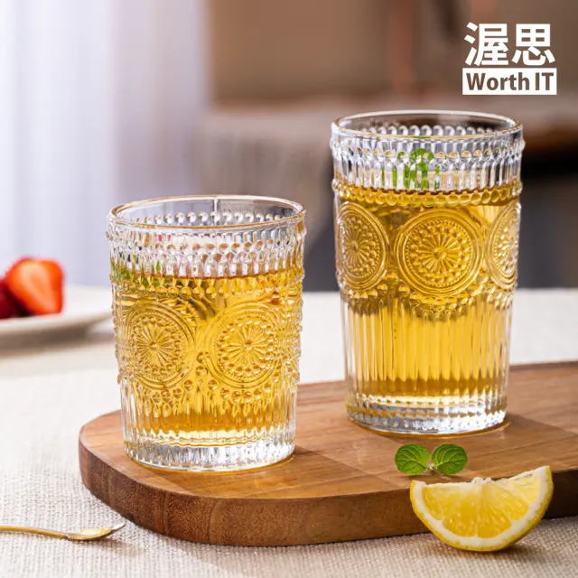 【渥思】復古浮雕金邊玻璃杯-380ml(咖啡杯.茶杯.水杯)