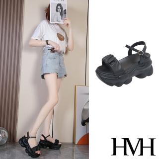 【HMH】厚底涼鞋 一字涼鞋/復古個性抓褶一字帶造型厚底涼鞋(黑)