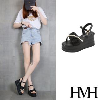 【HMH】坡跟涼鞋 厚底涼鞋 一字涼鞋/網紗抓褶一字珍珠帶造型坡跟厚底涼鞋(黑)