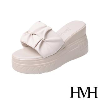 【HMH】坡跟拖鞋 厚底拖鞋 一片式拖鞋/經典一片式緞面布抓褶造型厚底坡跟拖鞋(米)