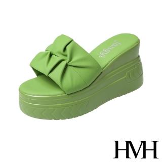 【HMH】坡跟拖鞋 厚底拖鞋 一片式拖鞋/經典一片式緞面布抓褶造型厚底坡跟拖鞋(綠)
