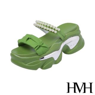 【HMH】坡跟拖鞋 厚底拖鞋 一字拖鞋/優雅緞面一字帶珍珠鍊帶造型坡跟厚底涼拖鞋(綠)