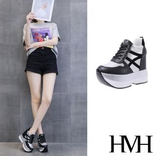 【HMH】厚底休閒鞋 內增高休閒鞋/個性百搭撞色線條時尚厚底內增高休閒鞋(黑)