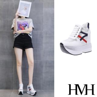【HMH】厚底休閒鞋 內增高休閒鞋/個性百搭撞色線條時尚厚底內增高休閒鞋(白)