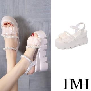 【HMH】坡跟涼鞋 厚底涼鞋 一字涼鞋/網紗抓摺一字珍珠鍊帶坡跟厚底涼鞋(米)