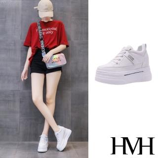 【HMH】厚底休閒鞋 增高休閒鞋/復古百搭厚底時尚繫帶增高休閒鞋(白)