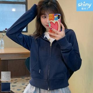 【Shiny 藍格子】純色休閒抽繩大口袋長袖連帽外套 V3634 現+預(女裝)