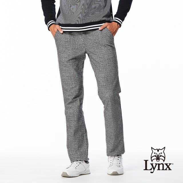 【Lynx Golf】男款日本進口布料彈性舒適保暖經典時尚千鳥紋路造型平口微窄管休閒長褲(灰色)