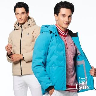 【Lynx Golf】男款保暖防風羽絨壓紋剪裁配布設計後背3M反光印花拉鍊口袋長袖可拆式連帽外套(二色)