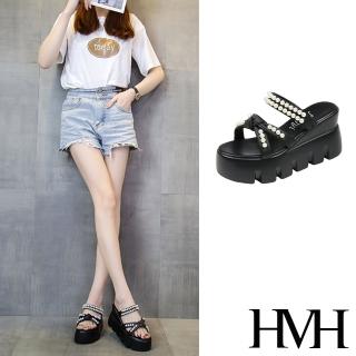 【HMH】厚底拖鞋 交叉拖鞋/交叉蝴蝶結珍珠造型復古厚底涼拖鞋(黑)