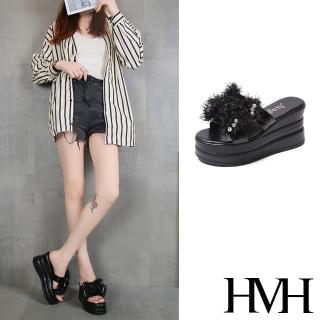 【HMH】坡跟拖鞋 厚底拖鞋 蝴蝶結拖鞋/可愛毛毛蝴蝶結造型坡跟厚底拖鞋(黑)