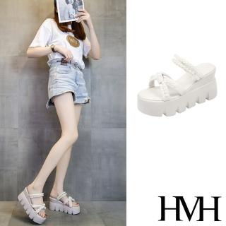 【HMH】厚底拖鞋 交叉拖鞋/交叉蝴蝶結珍珠造型復古厚底涼拖鞋(米)