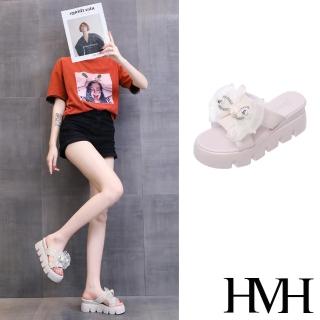 【HMH】坡跟拖鞋 厚底拖鞋 蝴蝶結拖鞋/可愛網紗蝴蝶結造型坡跟厚底拖鞋(米)