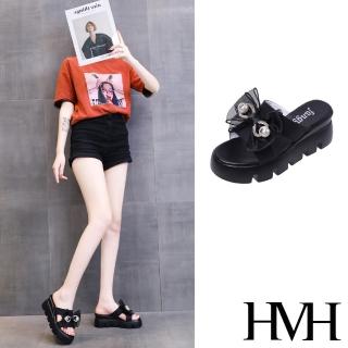 【HMH】坡跟拖鞋 厚底拖鞋 蝴蝶結拖鞋/可愛網紗蝴蝶結造型坡跟厚底拖鞋(黑)
