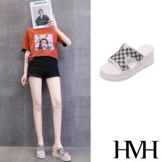 【HMH】坡跟拖鞋 厚底拖鞋 撞色拖鞋/縷空幾何美鑽撞色格子造型坡跟厚底拖鞋(米)