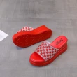 【HMH】坡跟拖鞋 厚底拖鞋 撞色拖鞋/閃耀美鑽撞色格子造型坡跟厚底拖鞋(紅)