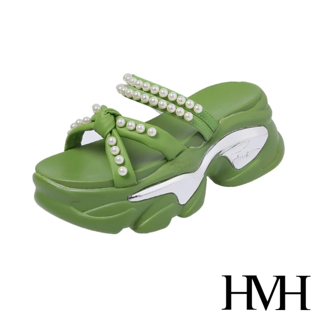 【HMH】厚底拖鞋 兩穿拖鞋/浪漫蝴蝶結珍珠鍊帶兩穿法設計厚底涼拖鞋(綠)
