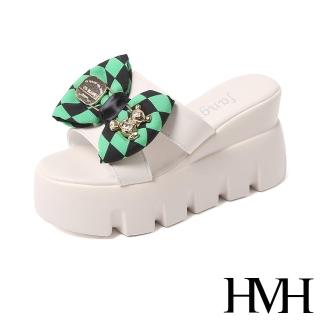 【HMH】坡跟拖鞋 厚底拖鞋 蝴蝶結拖鞋/黑綠撞色格子蝴蝶結坡跟厚底拖鞋(米)