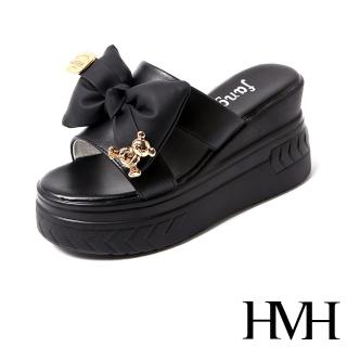【HMH】坡跟拖鞋 厚底拖鞋 蝴蝶結拖鞋/可愛小熊胖胖蝴蝶結造型坡跟厚底拖鞋(黑)