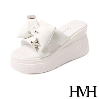 【HMH】坡跟拖鞋 厚底拖鞋 蝴蝶結拖鞋/可愛小熊胖胖蝴蝶結造型坡跟厚底拖鞋(米)