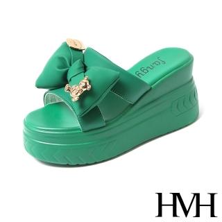 【HMH】坡跟拖鞋 厚底拖鞋 蝴蝶結拖鞋/可愛小熊胖胖蝴蝶結造型坡跟厚底拖鞋(綠)