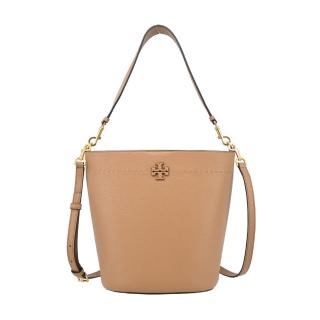 【TORY BURCH】MCGRAW荔枝紋雙T LOGO手提/斜背水桶包(大/駝)