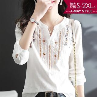 【艾美時尚】中大尺碼女裝 襯衫 小V領刺繡民族風顯瘦上衣。S-2XL(白.預購)