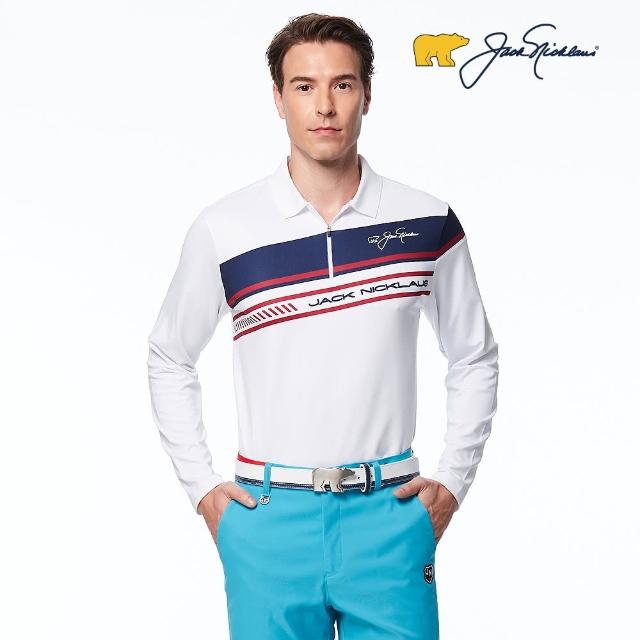 【Jack Nicklaus 金熊】GOLF男款彈性條紋印花吸濕排汗POLO衫/高爾夫球衫(白色)