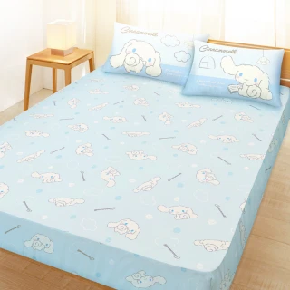 【享夢城堡】天絲卡通三件式床包枕套組(雙人5x6.2-三麗鷗大耳狗Cinnamoroll 晴天娃娃-藍)