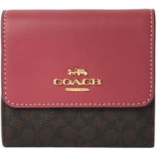 【COACH】胭脂粉X深咖啡PVC滿版LOGO三折式零錢袋短夾