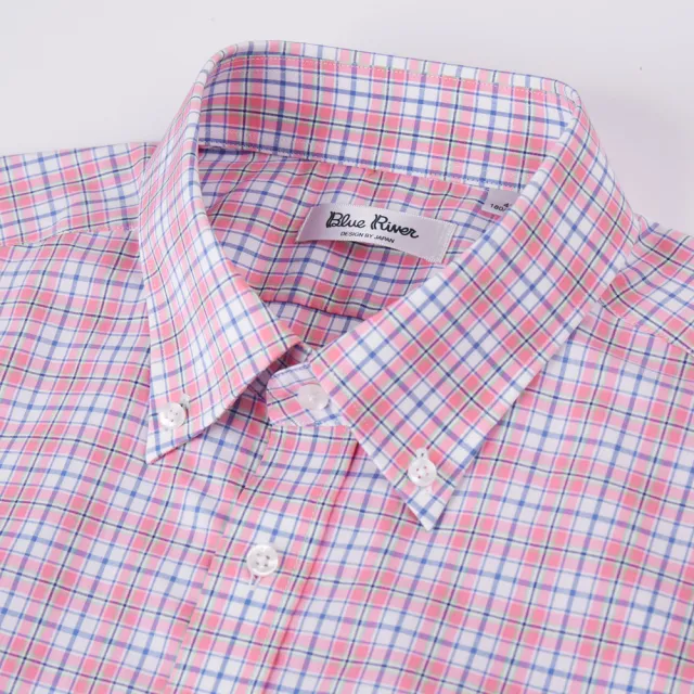 【Blue River 藍河】男裝 粉紅色鈕扣領短袖襯衫-格紋風采(日本設計 純棉舒適)