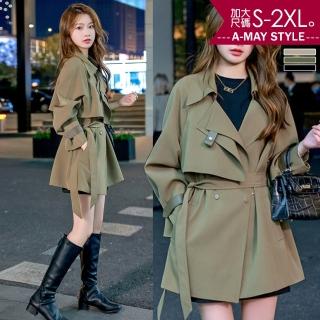 【Amay Style 艾美時尚】現貨 中大尺碼女裝 風衣外套 雙翻領顯瘦短版風衣外套。S-2XL(3色)