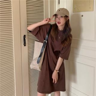 【D.studio】韓版夏季素色長版連衣裙(連身裙 長版上衣 下半身失蹤 套裝 短袖上衣 短袖t恤 女裝 裙裝 T527)