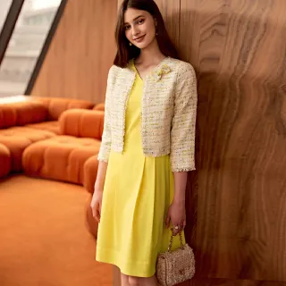 【ILEY 伊蕾】亮眼小香風織紋V領造型抓摺洋裝(黃色；M-XL；1224167016)