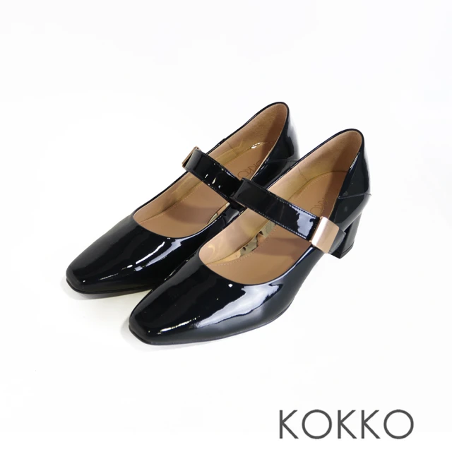 KOKKO 集團 復古優雅小方頭雙繫帶粗跟瑪莉珍鞋(黑色) 