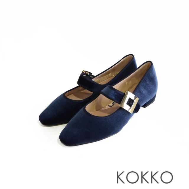 KOKKO 集團KOKKO 集團 復古典雅金飾尖頭絨布低跟瑪莉珍鞋(寶藍色)