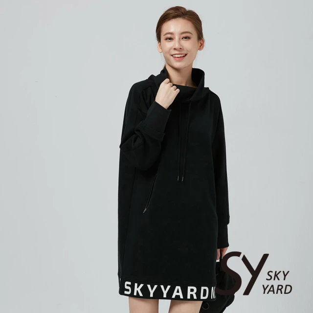 SKY YARD 網路獨賣款-厚磅立領綁帶棉質印花洋裝(黑色)