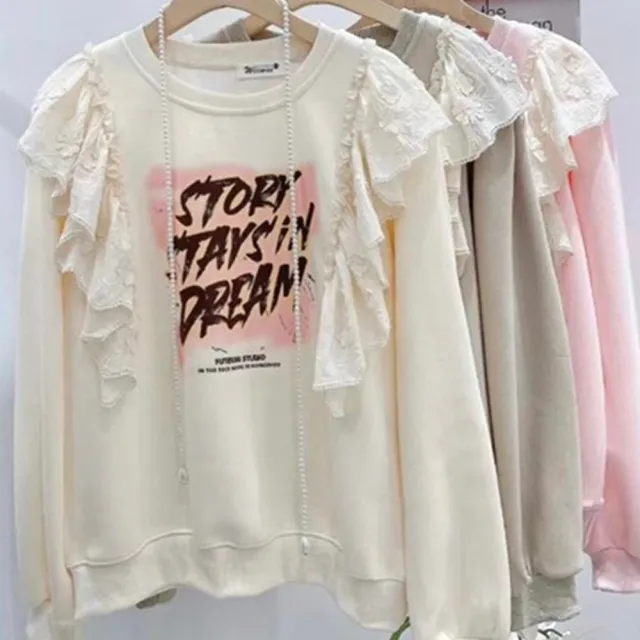 【BBHONEY】空氣棉蕾絲花邊印花棉TEE(秋冬長袖上衣)