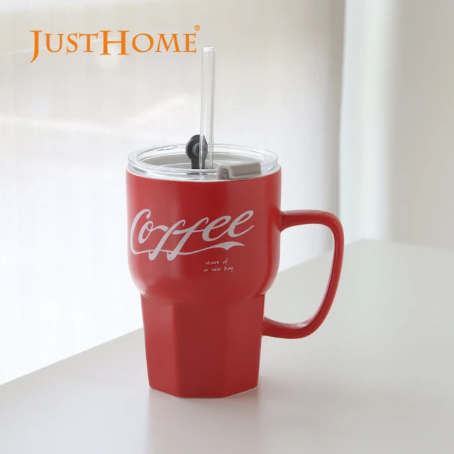 【Just Home】樂咖陶瓷馬克杯附吸管500ml 紅色(杯子 陶瓷杯 馬克杯 吸管杯)