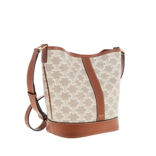 【CELINE】新色標誌印花牛皮革邊小型BUCKET CUIR TRIOMPHE斜背包(米棕色)