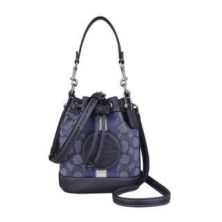 【COACH】COACH Mini Dempsey圓標LOGO緹花織布拼接牛皮束口手提斜背水桶包(迷你/丹寧藍x午夜藍)