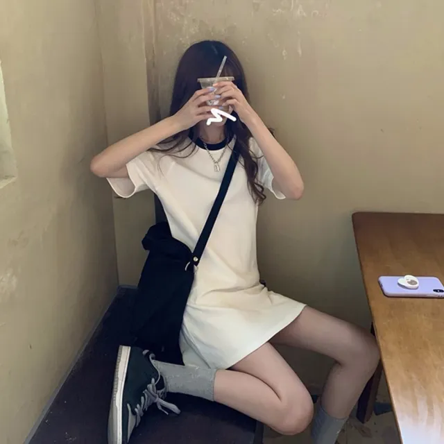 【D.studio】韓版小個子顯瘦休閒中長款連衣裙(洋裝套裝連身裙短袖上衣短袖t恤女裝寬鬆上衣S203)